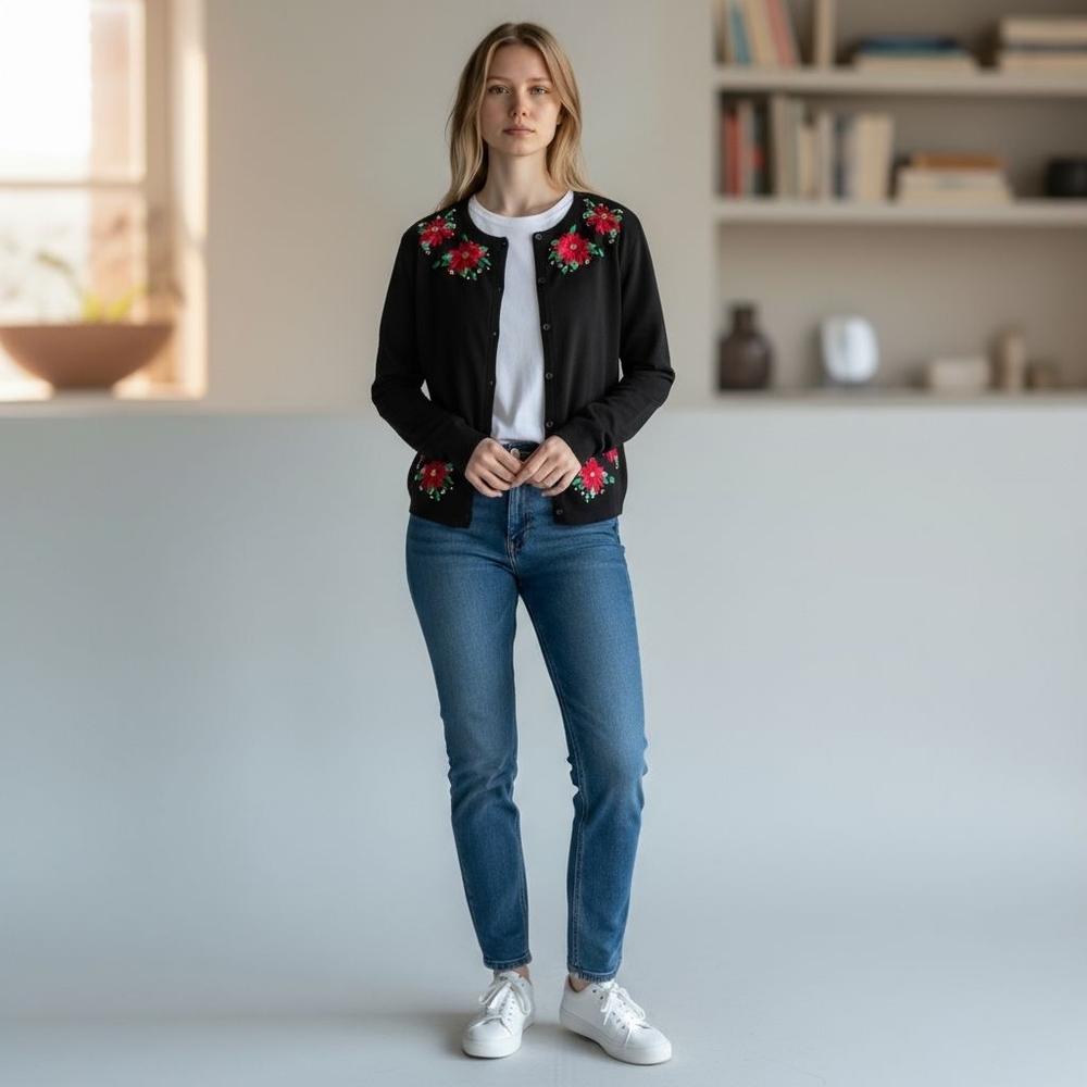 Krystal Kobe‎ Poinsettia Embroidered Black Cardigan Size XL